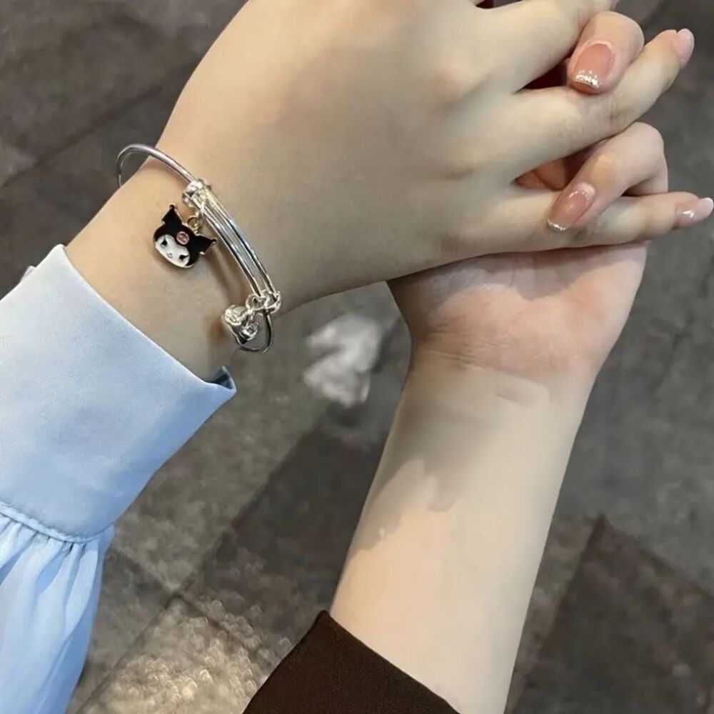 Sanrio Kuromi Charm with Bell Silver toned Kawai Bracelet (One Size)